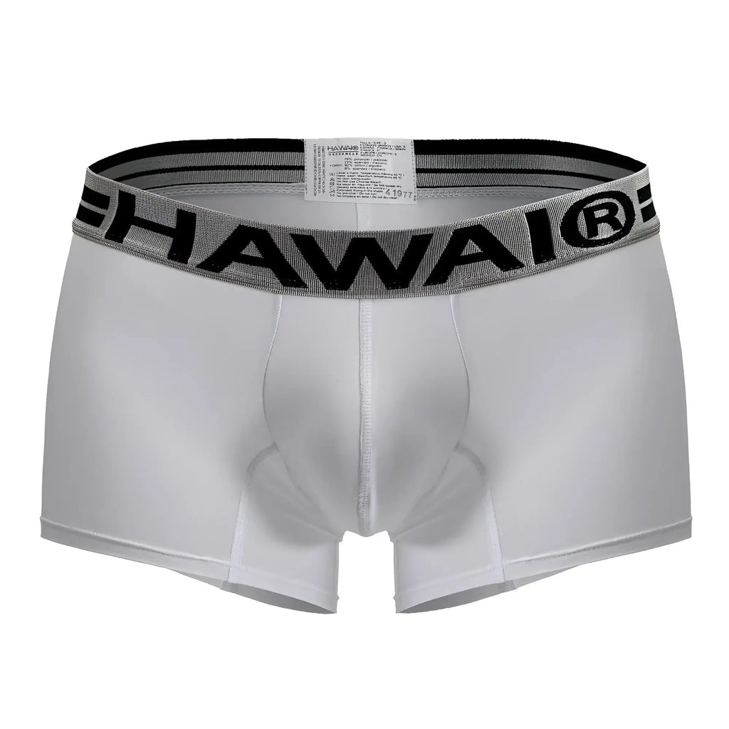 White hawai microfiber briefs with black and gray elastic waistband featuring bold lettering in white color