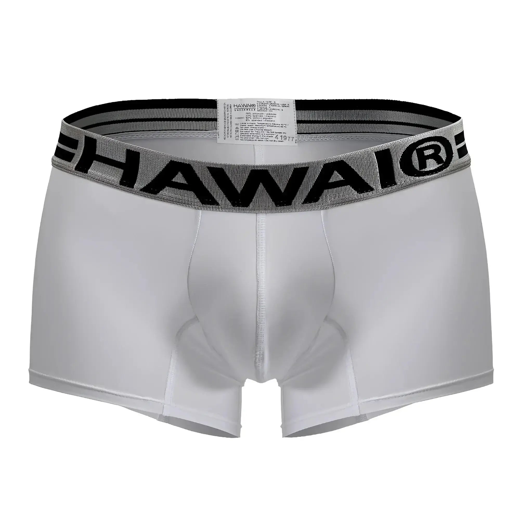 White hawai microfiber briefs with black and gray elastic waistband featuring bold lettering in white color