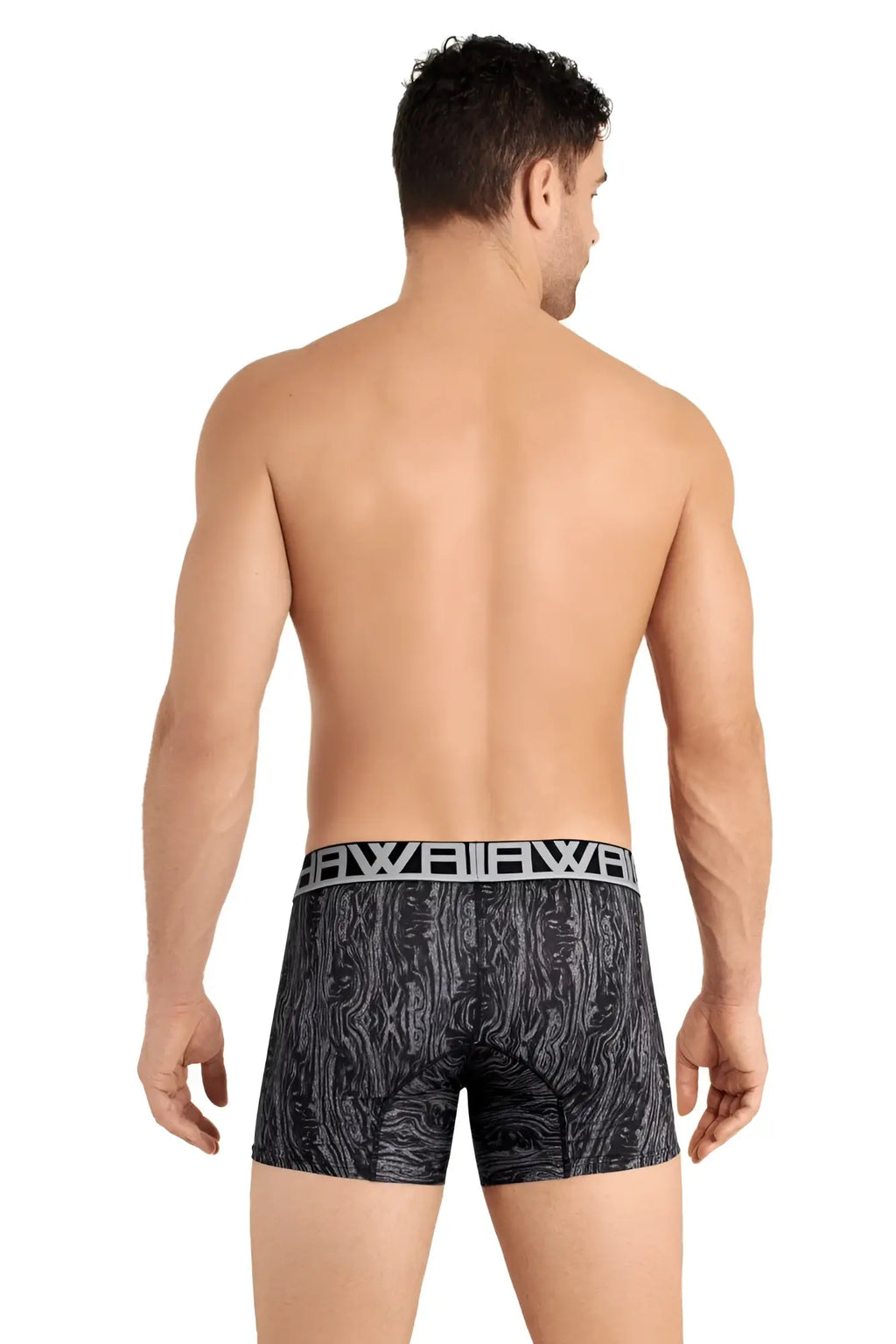 Black boxer briefs with gray wood grain pattern and white elastic waistband branded bowie hawai 42021 trunks color gray