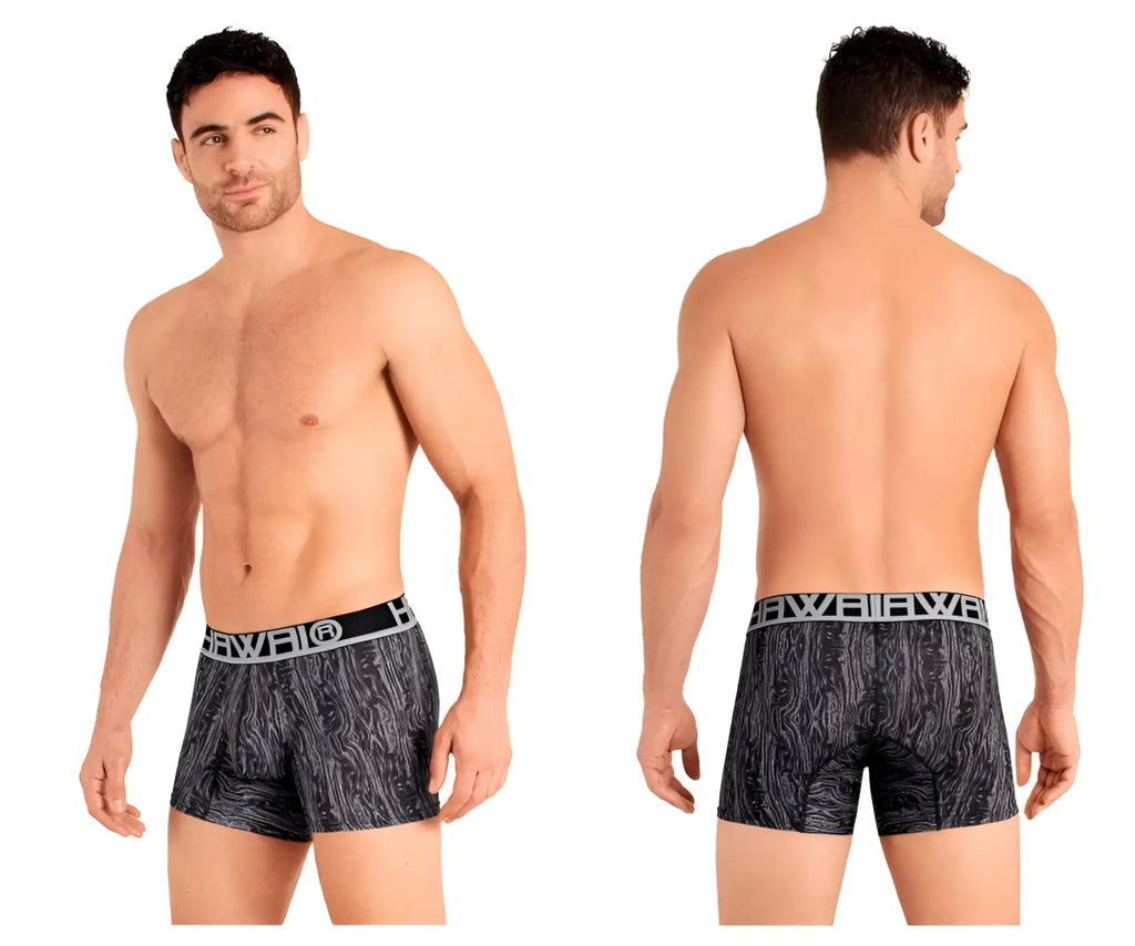 Hawai 42021 trunks gray black and gray patterned boxer briefs with white bibl logo elastic waistband