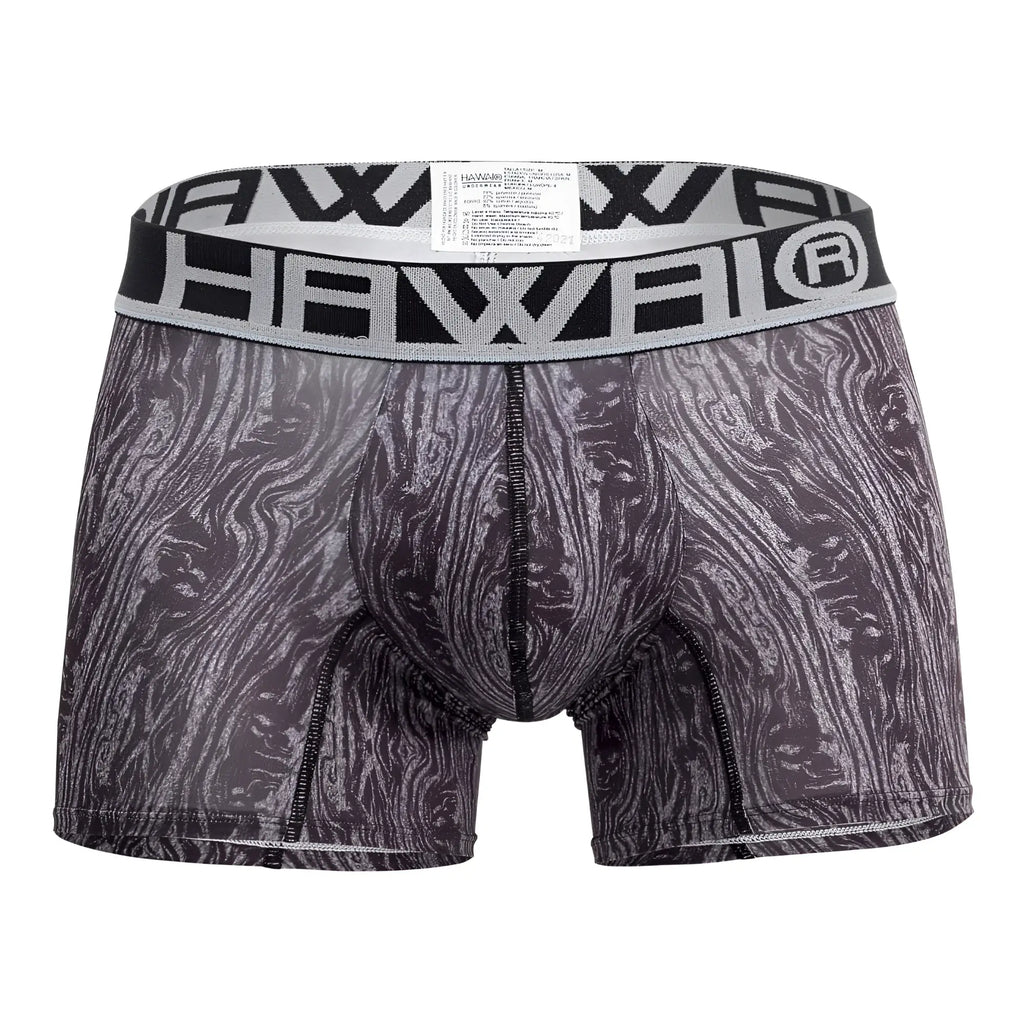 Gray black patterned men’s boxer briefs with bold hawaii waistband designed for comfortable everyday wear