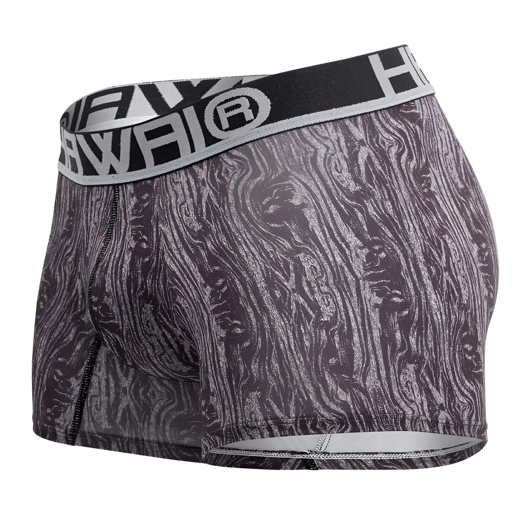 Hawai 42021 trunks gray boxer briefs with black and gray wood-grain pattern and branded elastic waistband