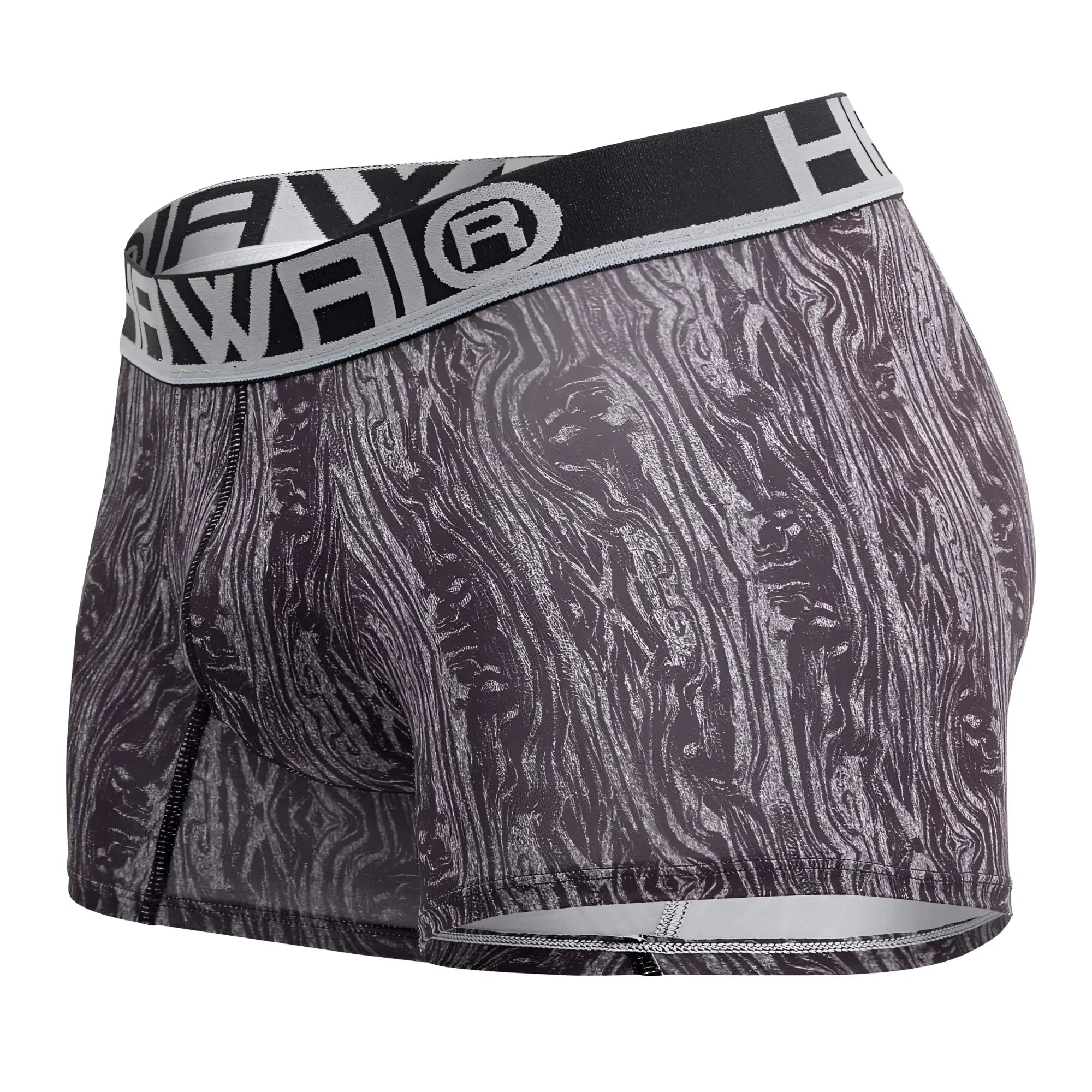 Hawai 42021 trunks gray boxer briefs with black and gray wood-grain pattern and branded elastic waistband