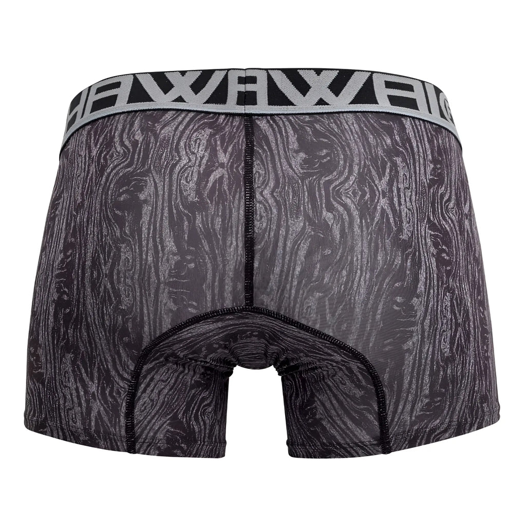 Black and gray wood-grain patterned aloha 42021 trunks with silver elastic waistband featuring brand name in gray