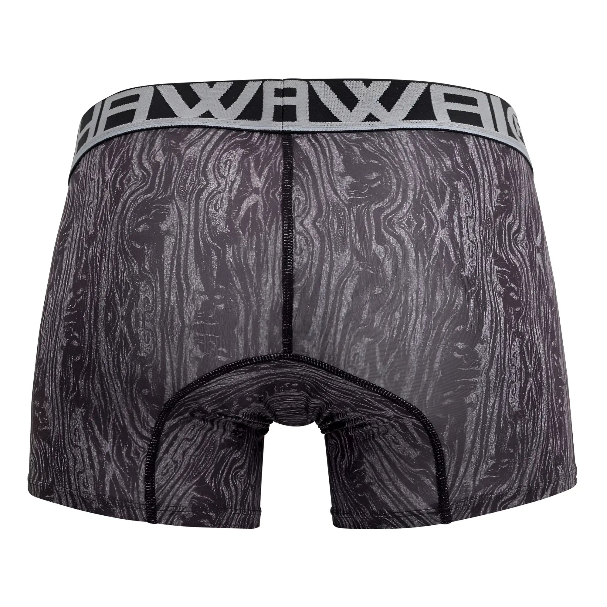 Black and gray wood-grain patterned aloha 42021 trunks with silver elastic waistband featuring brand name in gray