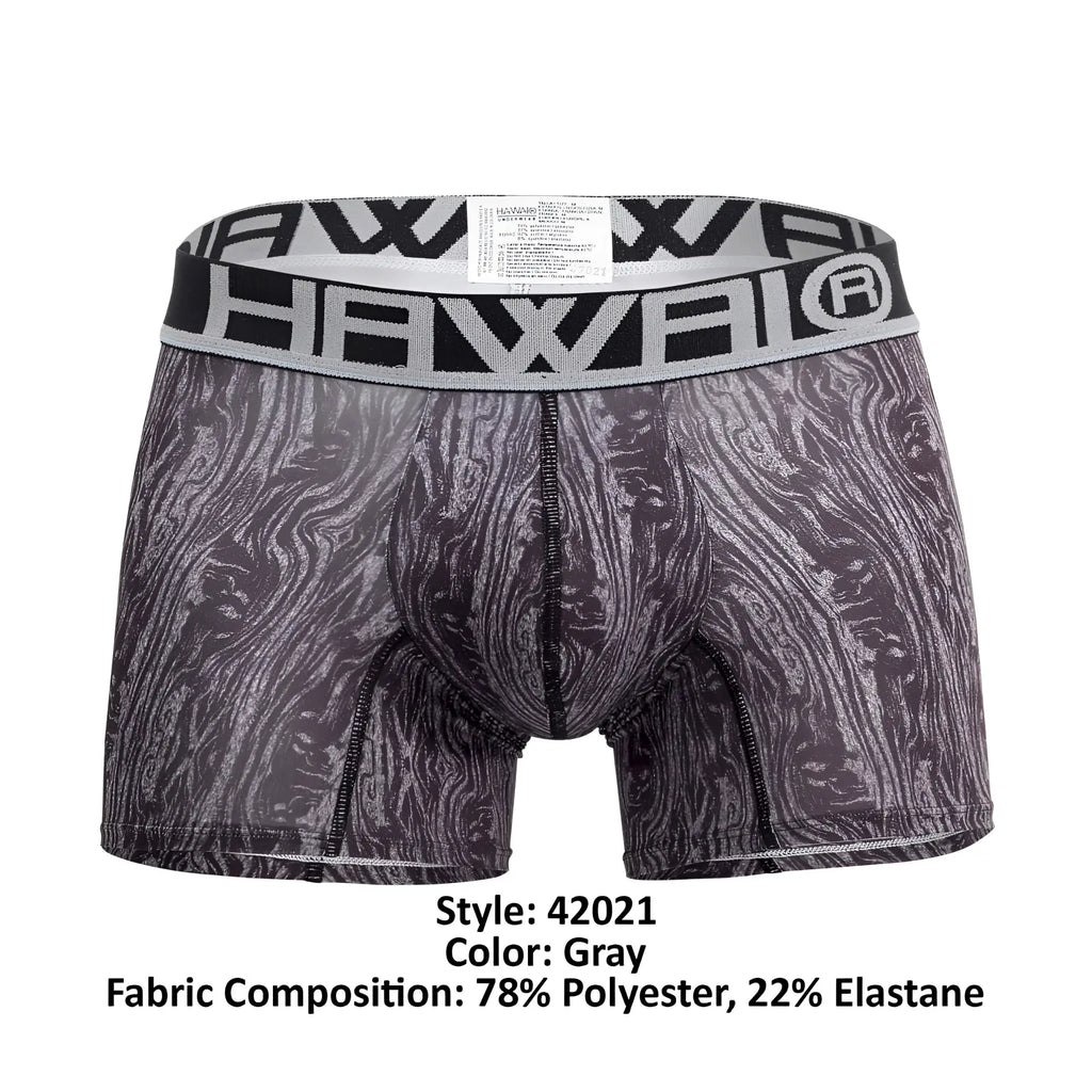 Gray hawaii 42021 trunks boxer briefs with black and white wood grain pattern and hawaii printed elastic waistband