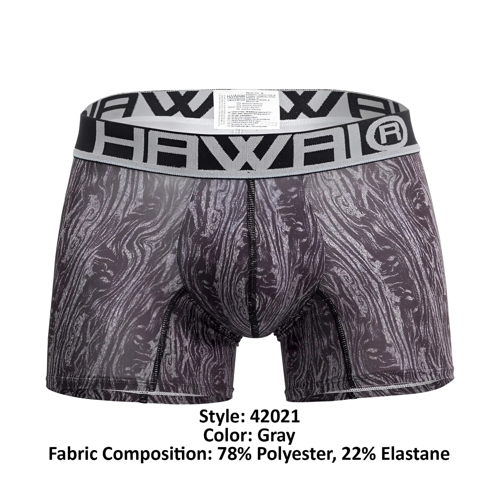 Gray hawaii 42021 trunks boxer briefs with black and white wood grain pattern and hawaii printed elastic waistband