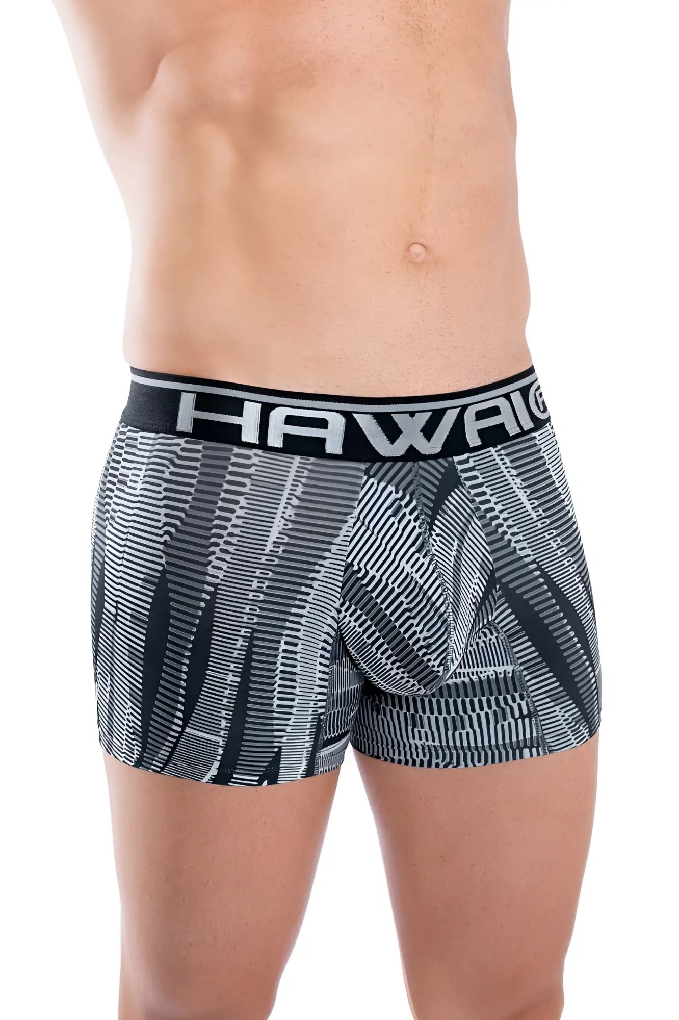 Black and gray patterned men’s boxer briefs with a bold hawaii waistband from HAWAI 42121 printed athletic trunks in black
