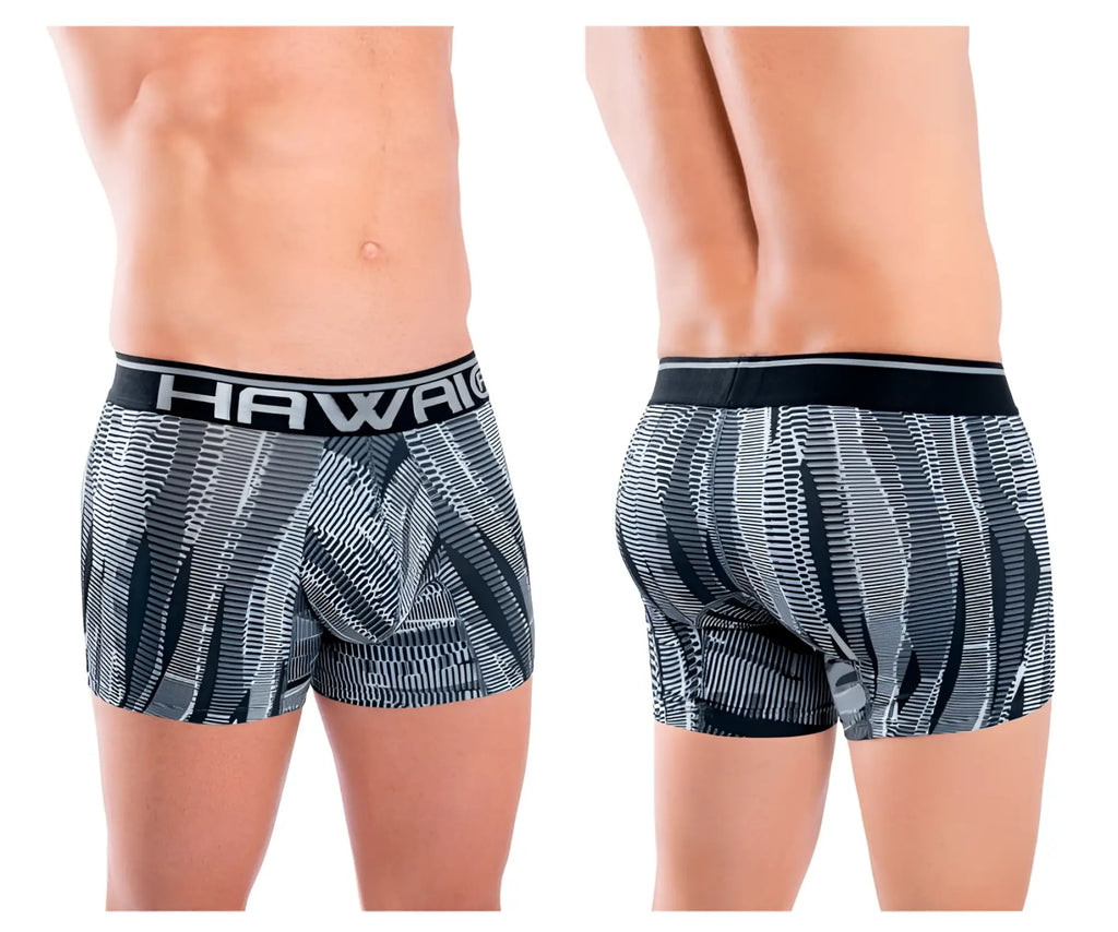Black and gray patterned men’s boxer briefs with a bold hawaii waistband for athletic use