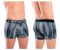 Black and gray patterned men’s boxer briefs with a bold hawaii waistband for athletic use