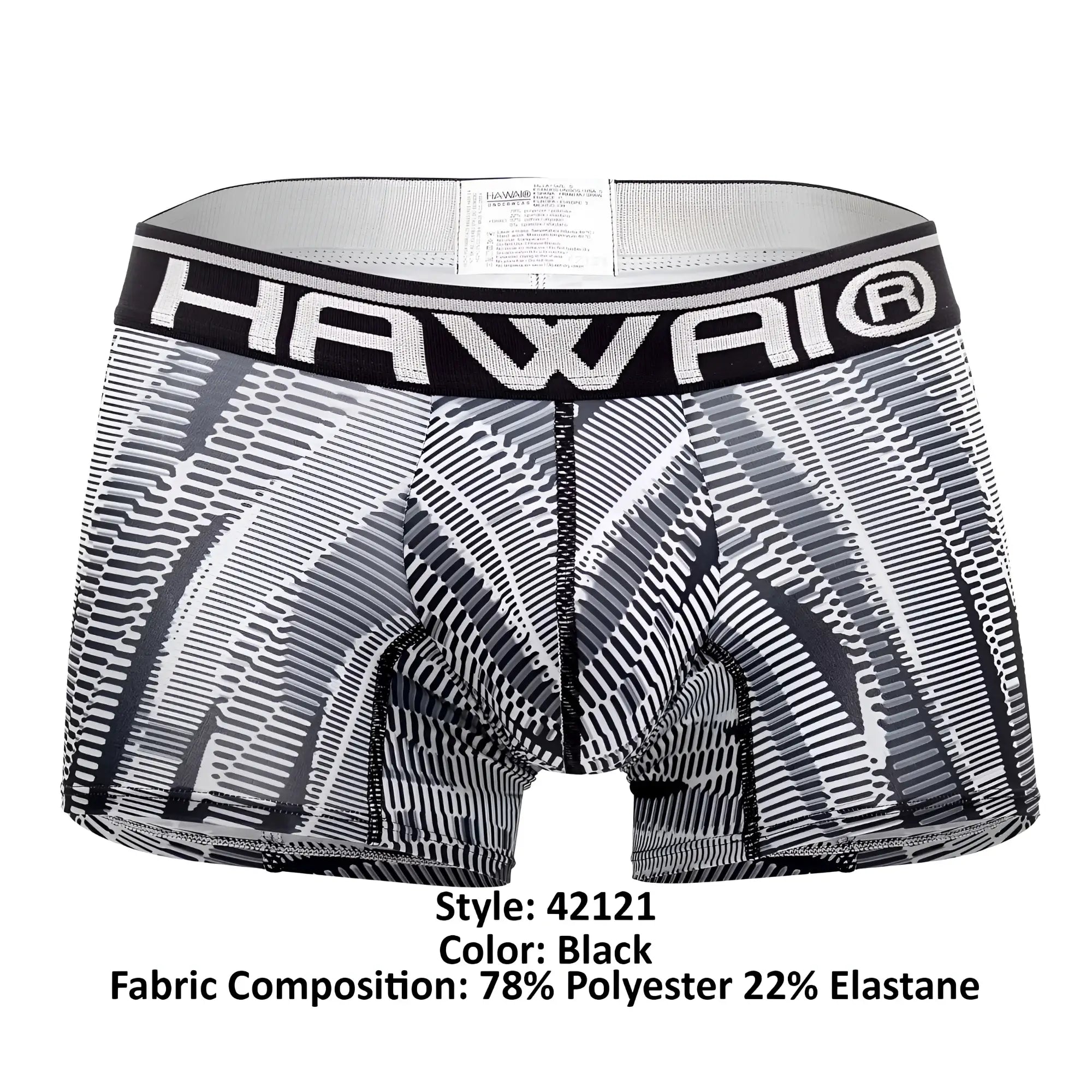 Black hawaiian boxer briefs with bold black and white geometric pattern and brand logo on waistband in black color