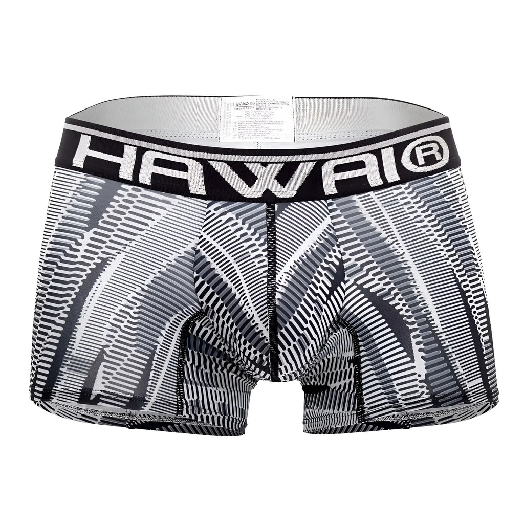 Black and white patterned men’s boxer briefs with bold hawaii logo on waistband in hawai 42121 printed athletic trunks black