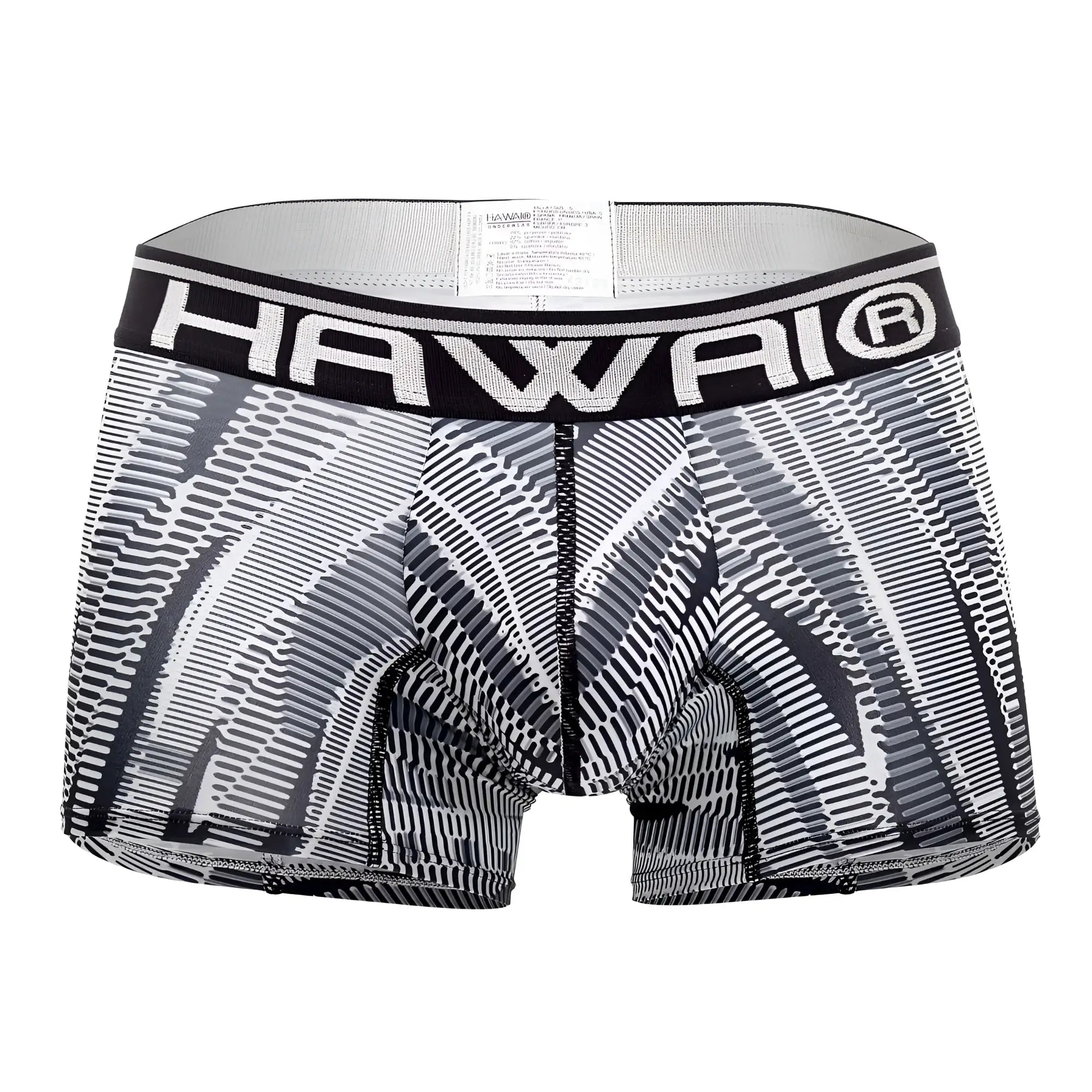 Black and white patterned men’s boxer briefs with bold hawaii logo on waistband in hawai 42121 printed athletic trunks black