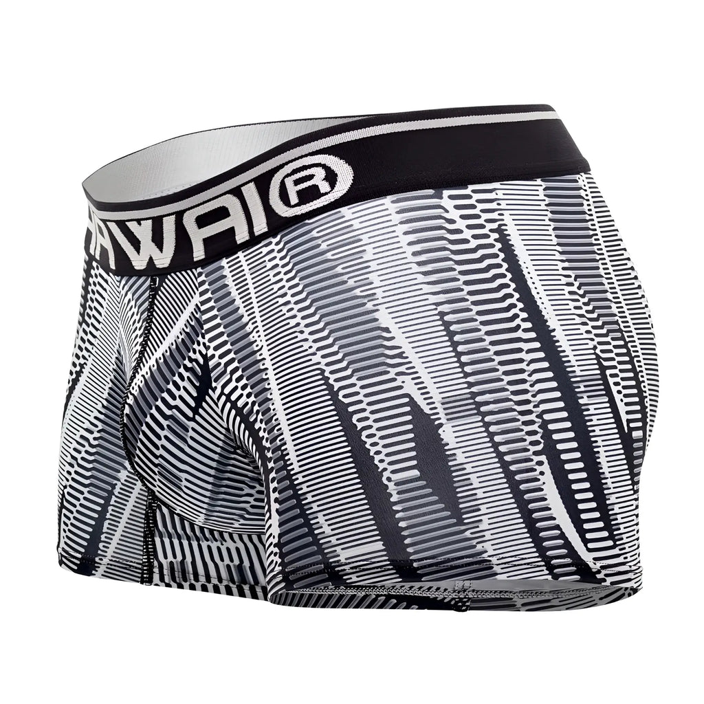 Black and white patterned men’s boxer briefs with bold geometric design and hawai logo on waistband in black color
