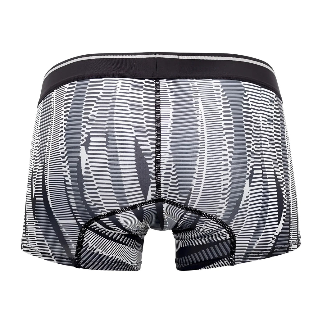 Black and white patterned Hawai 42121 printed athletic trunks with concentric lines and modern design in black color