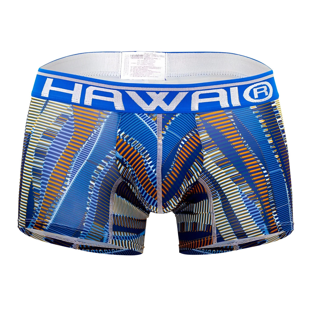 Men’s printed athletic trunks in royal blue with blue and brown pattern and bold hawaii waistband for active wear