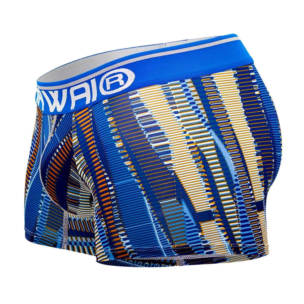 Blue and gold patterned royal blue athletic boxer briefs with hawai logo on white waistband