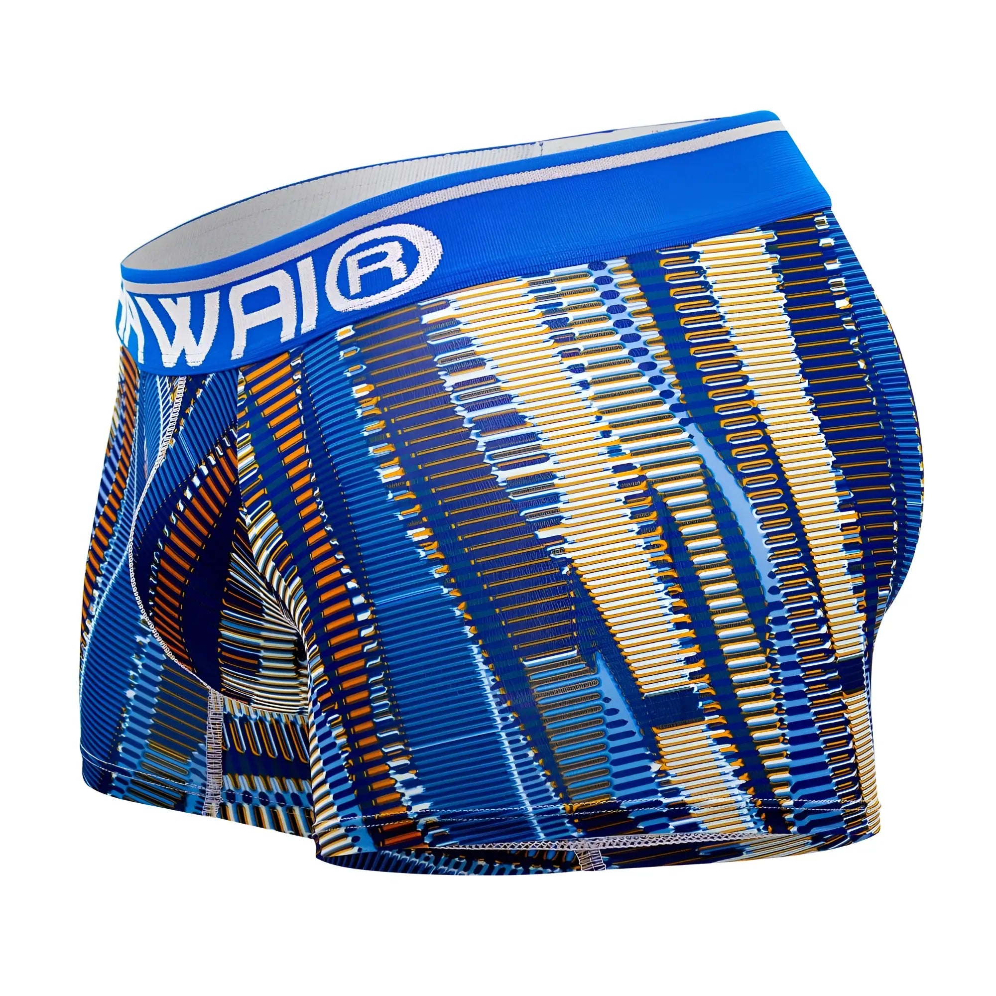 Blue and gold patterned royal blue athletic boxer briefs with hawai logo on white waistband