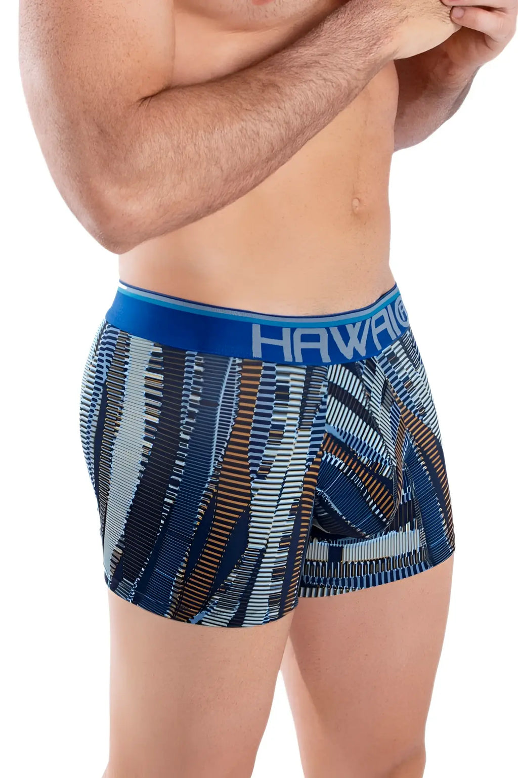 Blue and gray patterned boxer briefs with bold geometric design and hawaii logo on royal blue elastic waistband