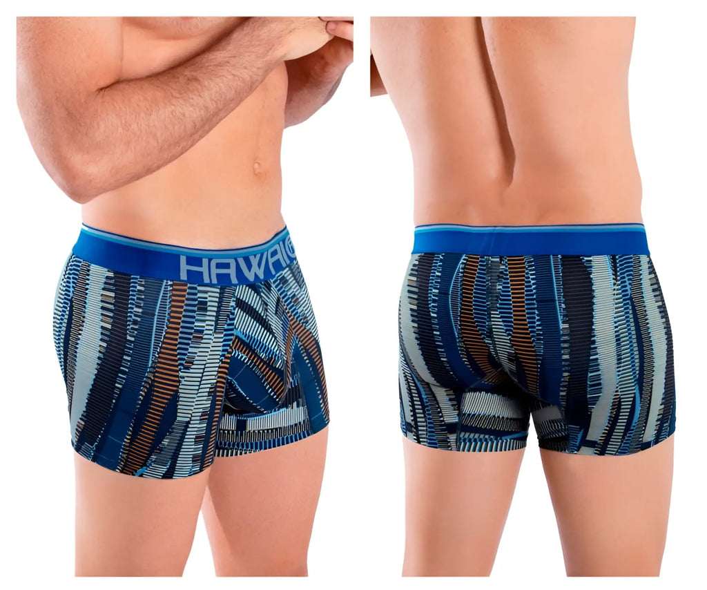 Blue and gray patterned hawai 42121 printed athletic trunks with bold abstract vertical stripes in royal blue and neutral tones