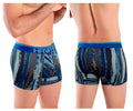 Blue and gray patterned hawai 42121 printed athletic trunks with bold abstract vertical stripes in royal blue and neutral tones