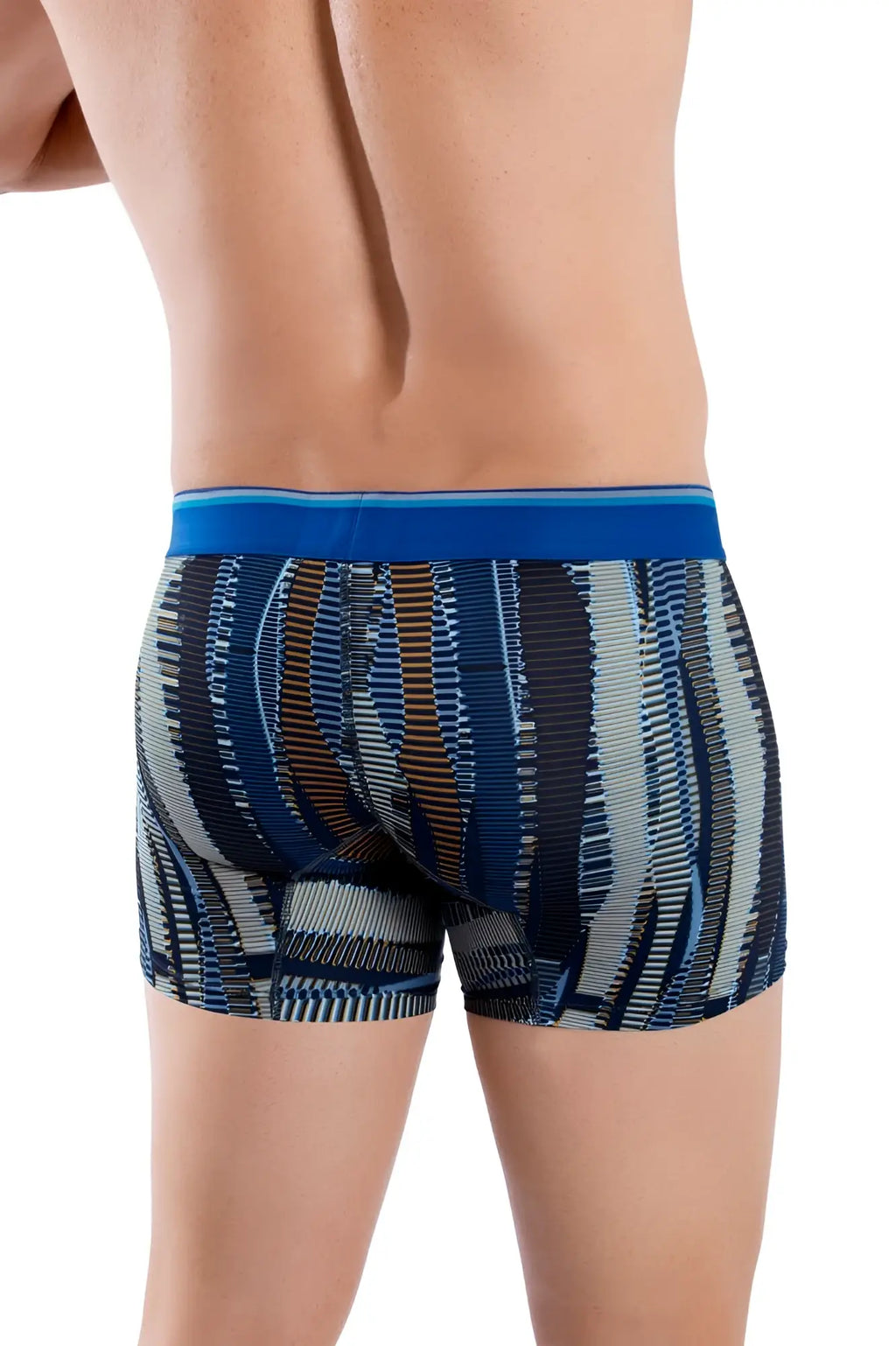 Blue and gray patterned hawai 42121 printed athletic trunks with solid blue waistband for active wear