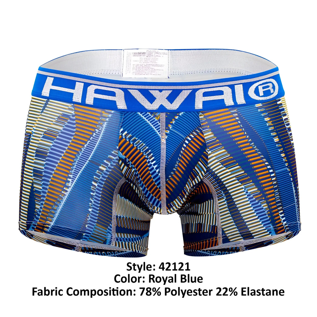 Royal blue hawaiian-themed boxer briefs with bold geometric pattern and elastic waistband from hawai 42121 printed athletic trunks