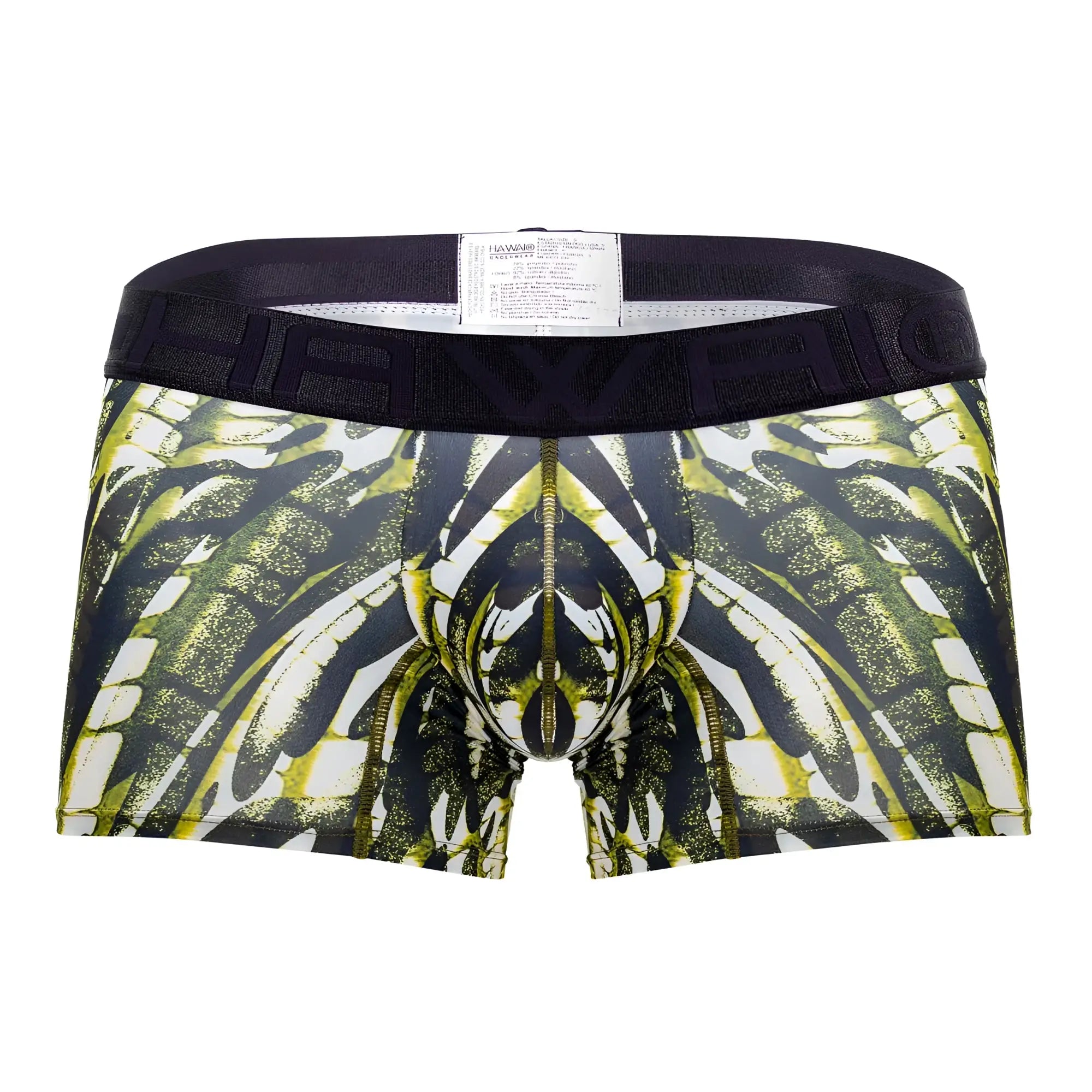 Black and lime green patterned men’s HAWAI 42172 printed microfiber trunks in military green with wing-like design
