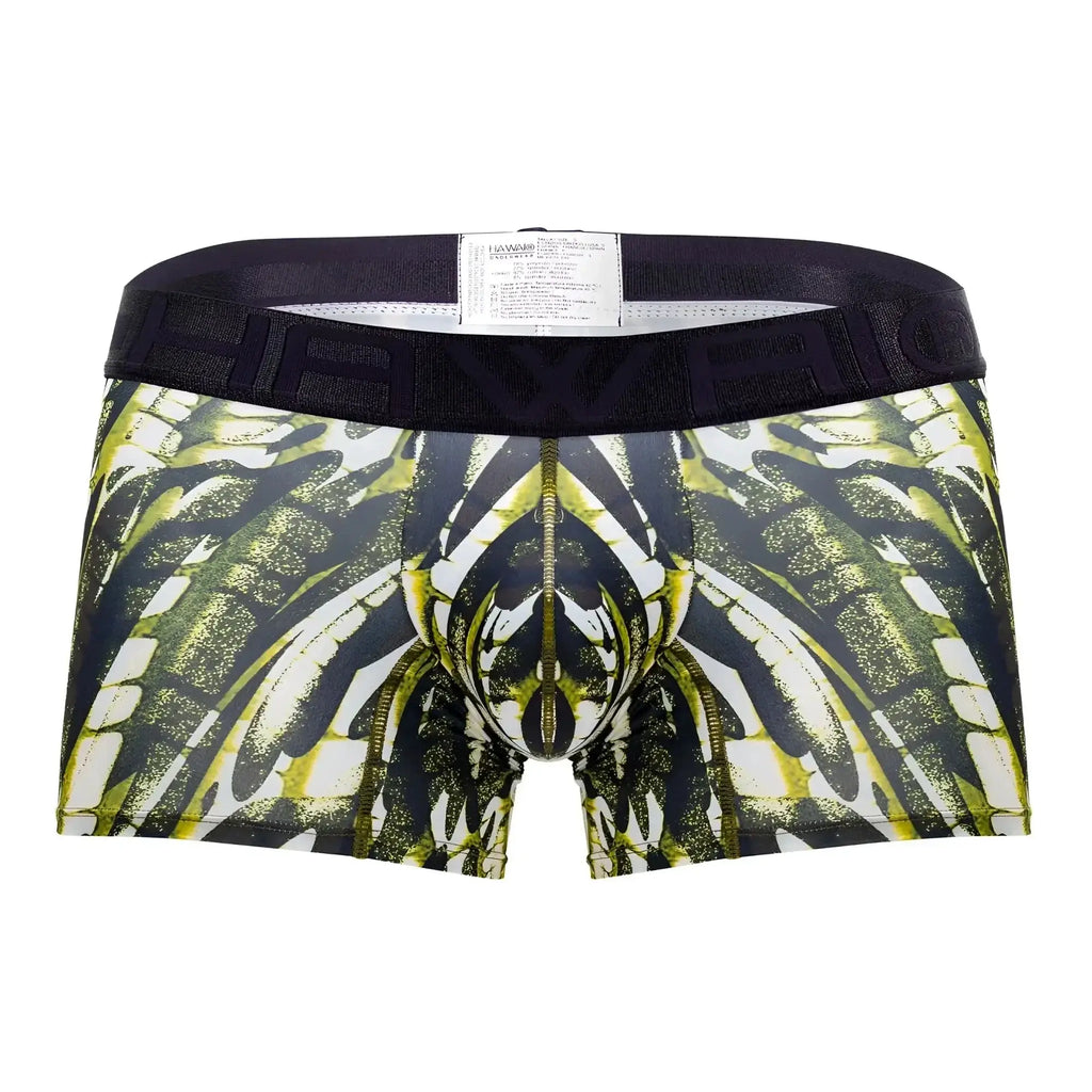 Black and lime green patterned men’s HAWAI 42172 printed microfiber trunks in military green with wing-like design