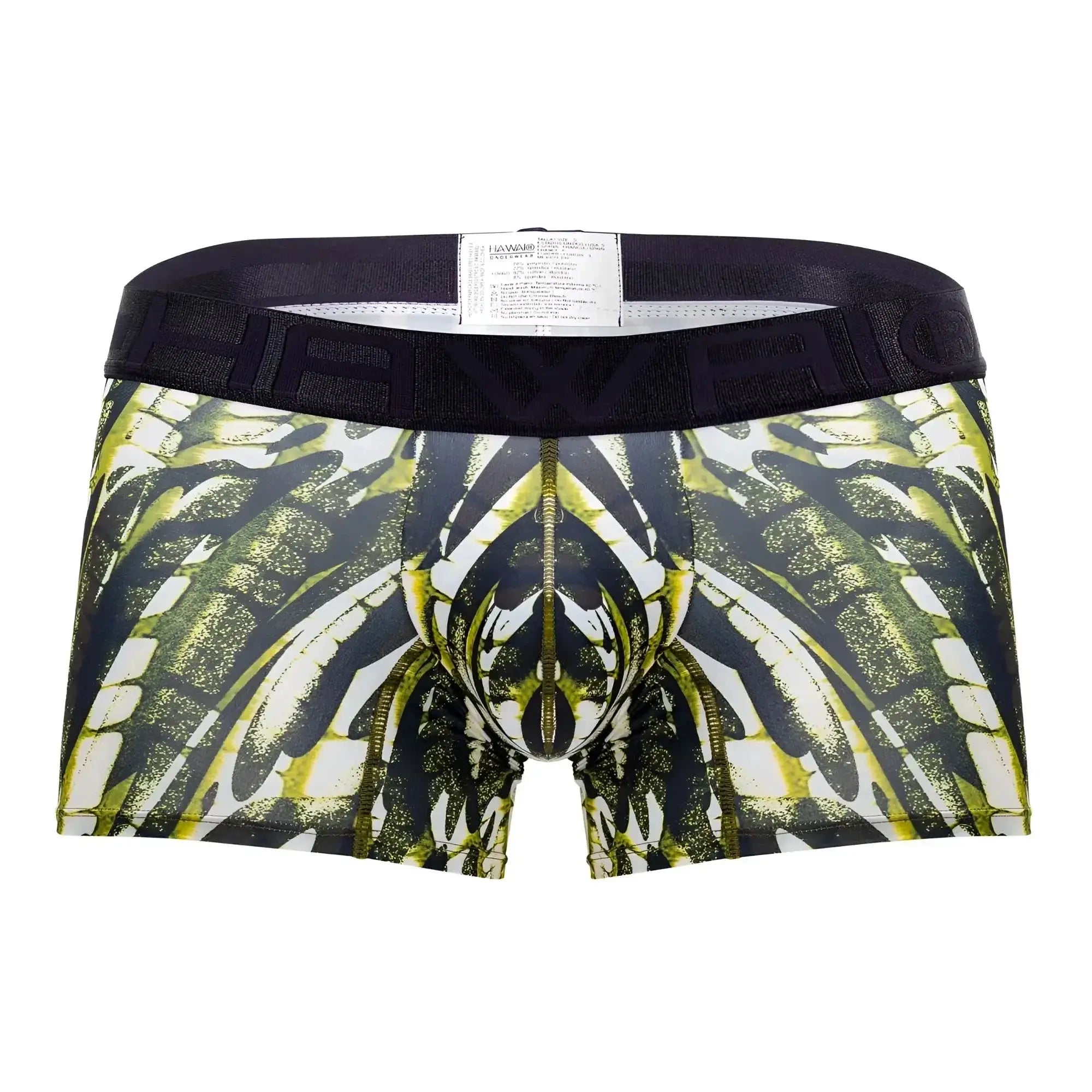 Black and lime green patterned men’s HAWAI 42172 printed microfiber trunks in military green with wing-like design