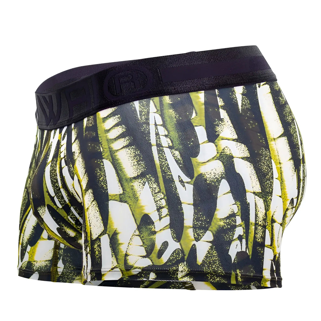 Black and neon green abstract patterned hawai 42172 printed microfiber trunks with black waistband in military green