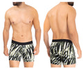 Black and white patterned hawai 42172 printed microfiber trunks in military green with bold abstract leaf design