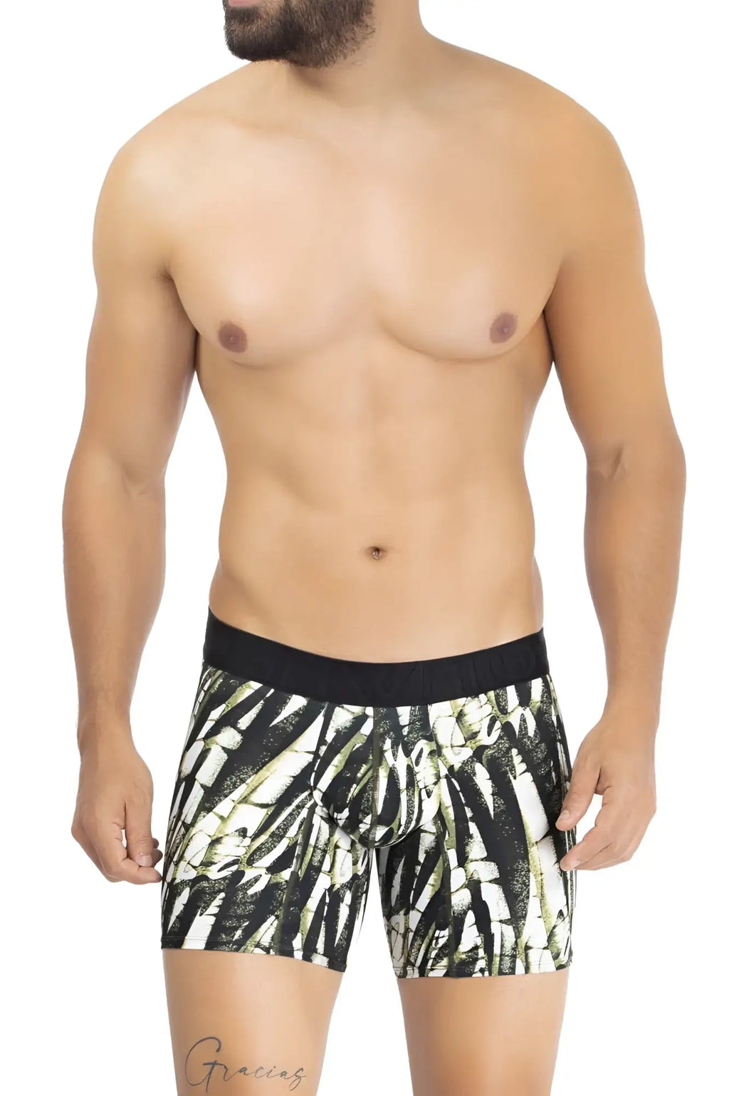 Black and white patterned microfiber boxer briefs with bold abstract leaf design in military green color hawai 42172