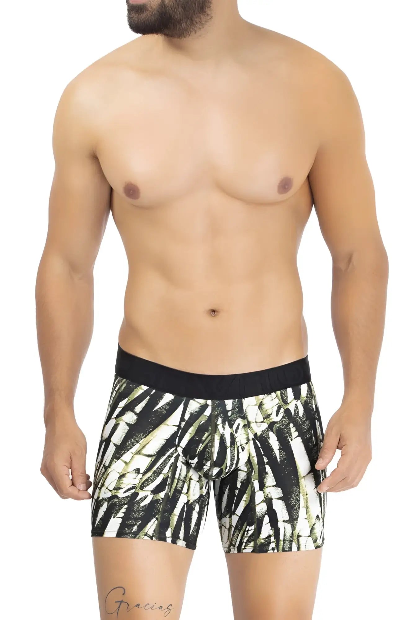 Black and white patterned microfiber boxer briefs with bold abstract leaf design in military green color hawai 42172