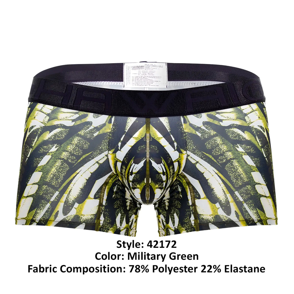 Military green microfiber boxer briefs hawai 42172 with bold black and lime green wing graphic and central zipper detail