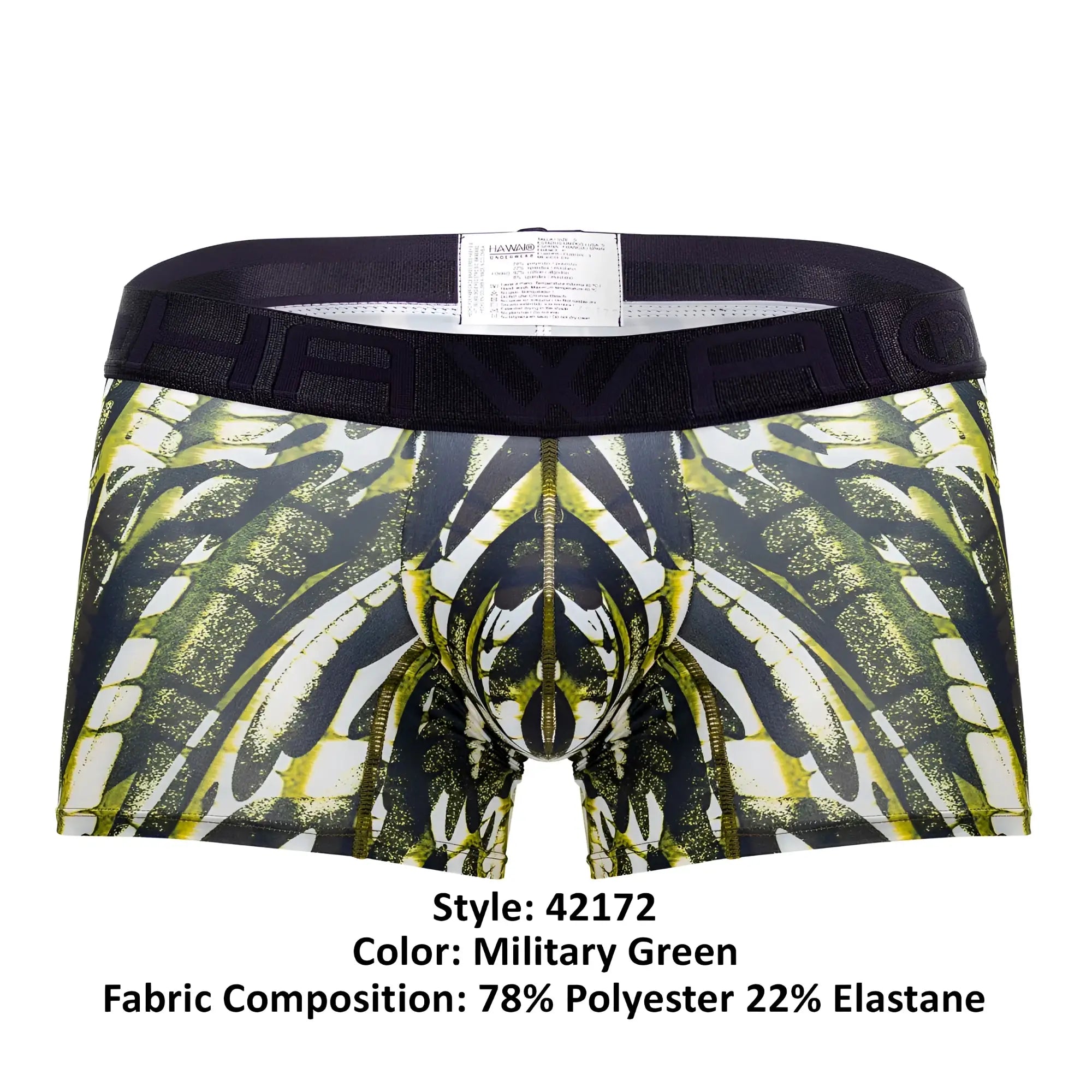 Military green microfiber boxer briefs hawai 42172 with bold black and lime green wing graphic and central zipper detail