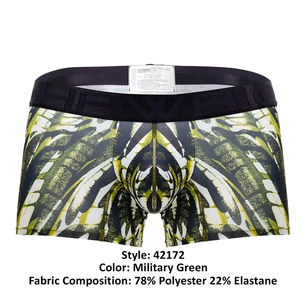 Military green microfiber boxer briefs hawai 42172 with bold black and lime green wing graphic and central zipper detail