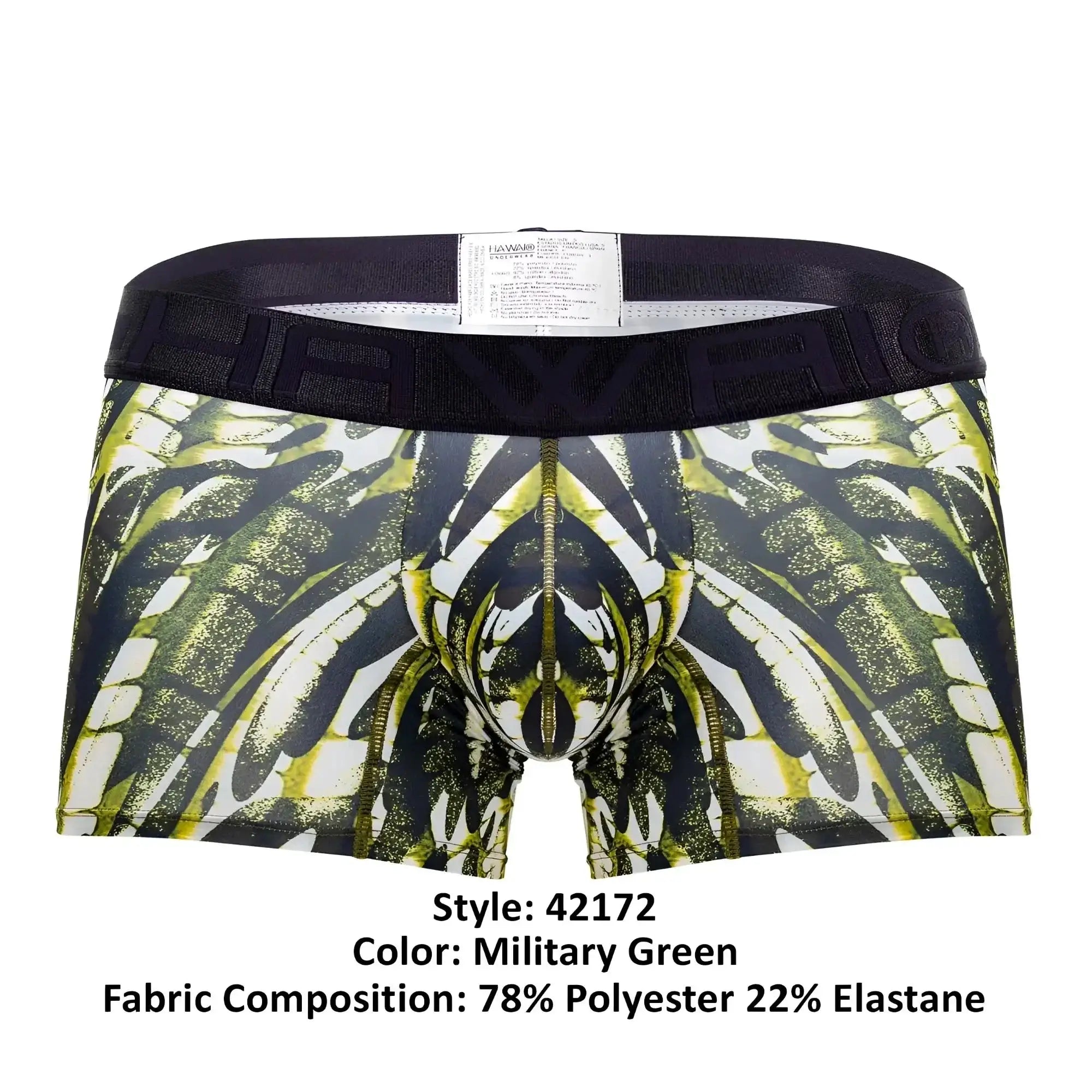 Military green microfiber boxer briefs hawai 42172 with bold black and lime green wing graphic and central zipper detail