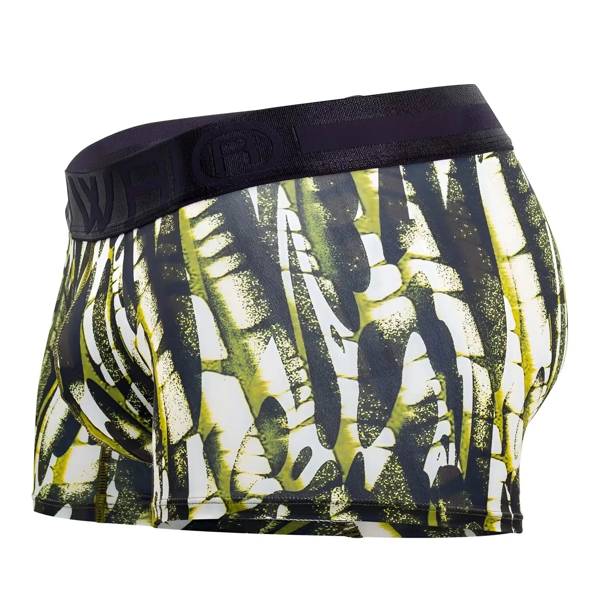 Black and neon green abstract patterned hawai 42172 printed microfiber trunks with black waistband in military green