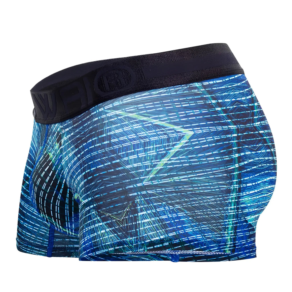 Hawai 42173 printed microfiber trunks in royal blue with blue and black geometric patterned men’s boxer briefs