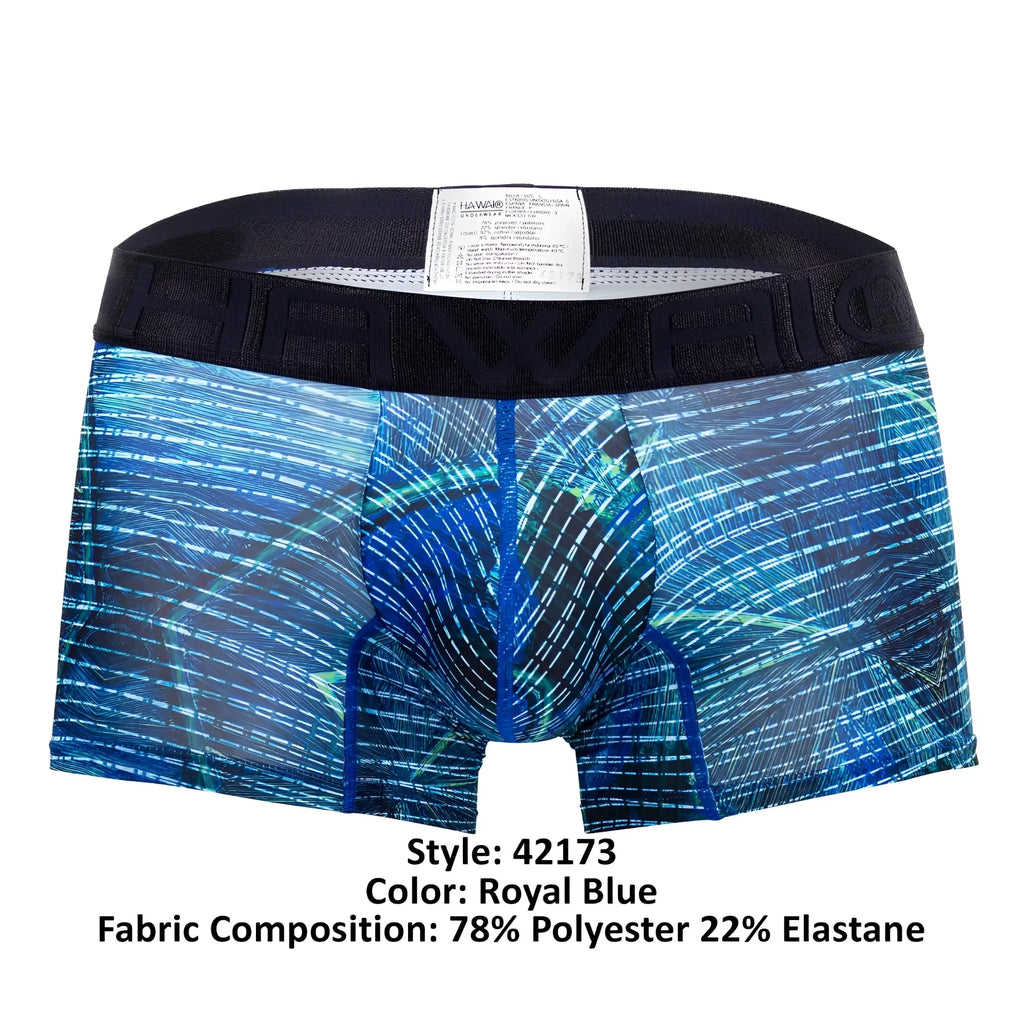 Royal blue hawaI 42173 printed microfiber trunks with digital circuit pattern and black elastic waistband for men