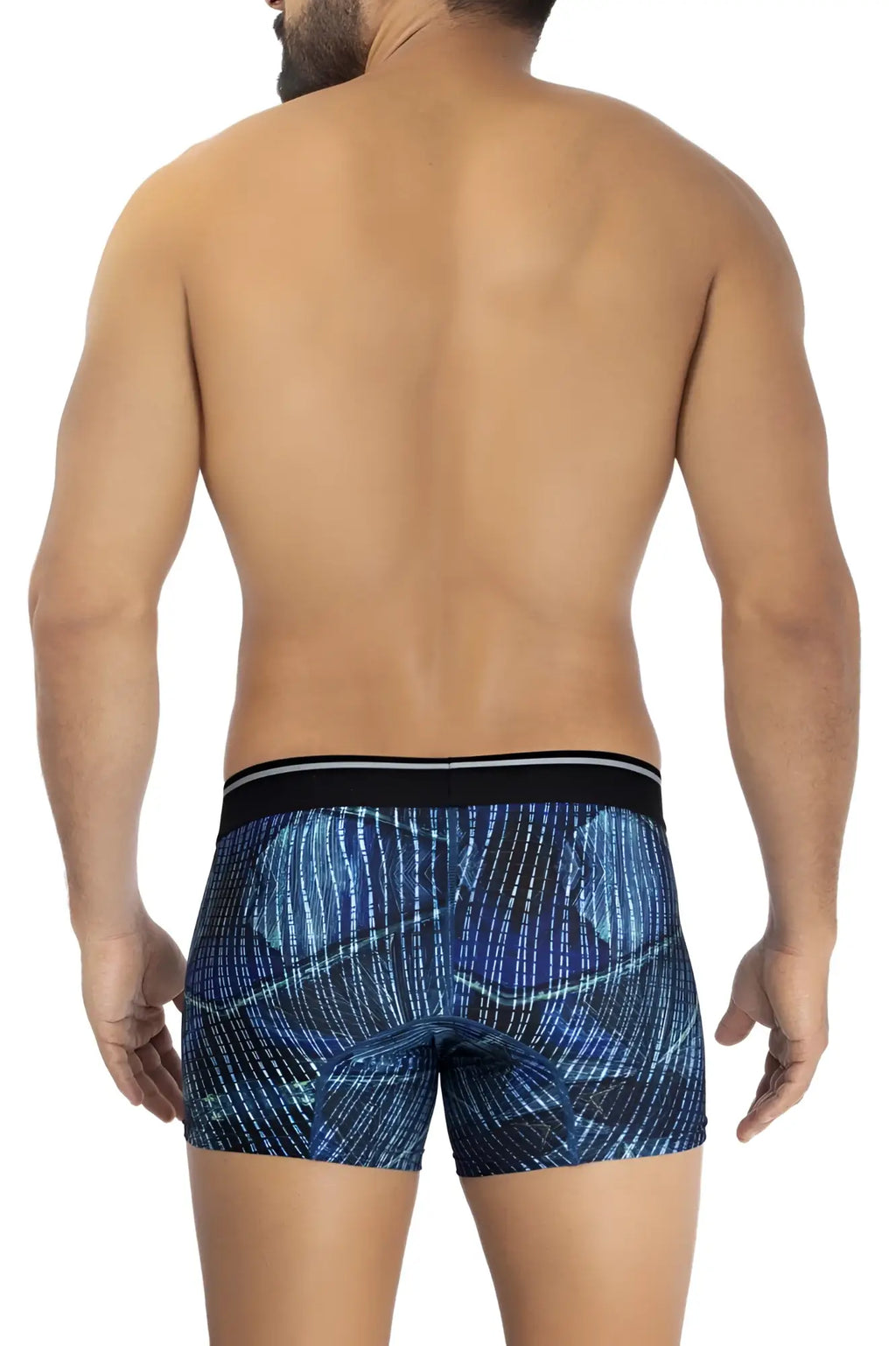 Hawai 42173 printed microfiber trunks in royal blue with blue pattern and black waistband featuring white stripes