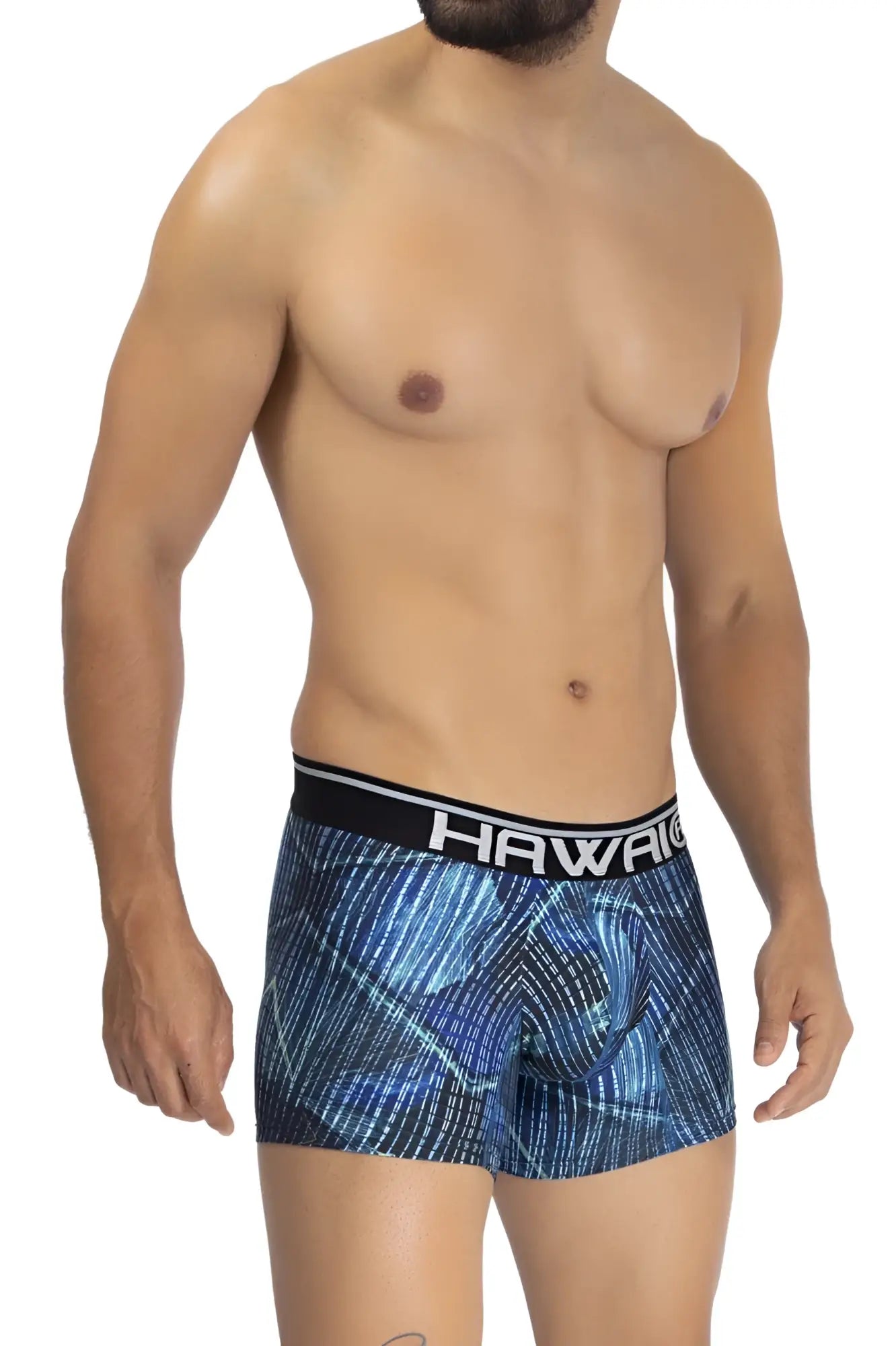 Blue patterned microfiber boxer briefs with a black hawaii waistband in royal blue from Hawai 42173 printed trunks