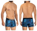 Blue patterned men’s microfiber boxer briefs with black hawaii branded waistband in royal blue color