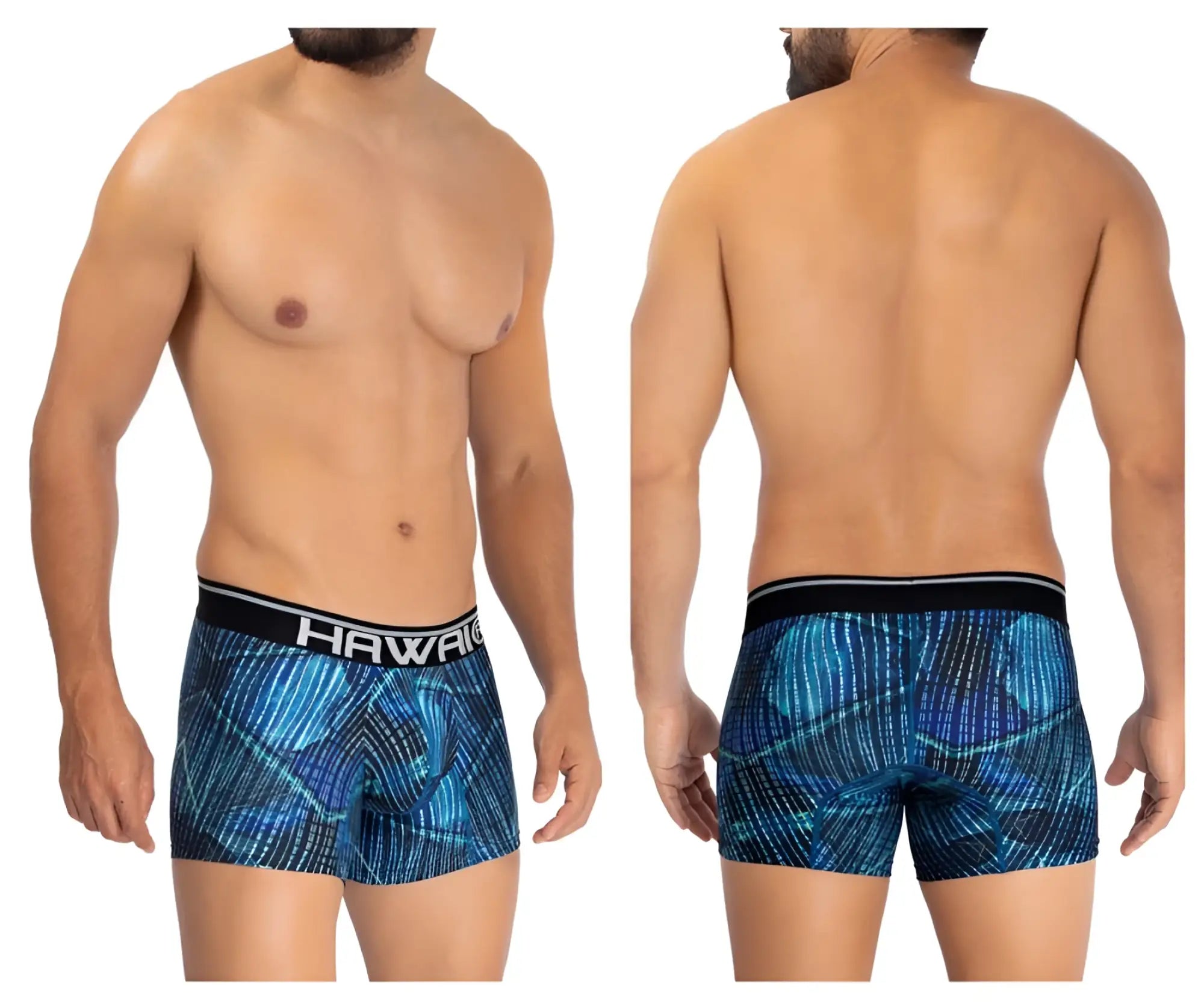 Blue patterned men’s microfiber boxer briefs with black hawaii branded waistband in royal blue color