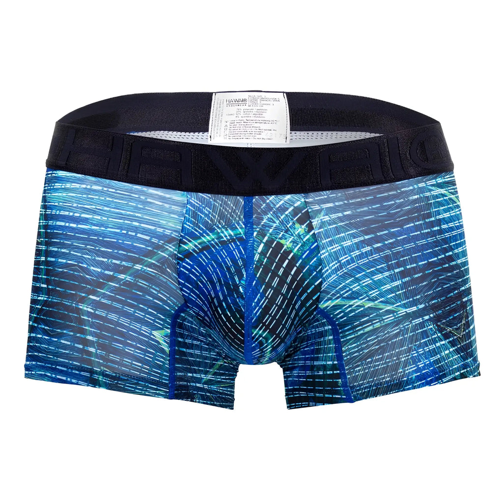 Havio hawai 42173 printed microfiber trunks in royal blue with blue teal abstract pattern and black branded waistband