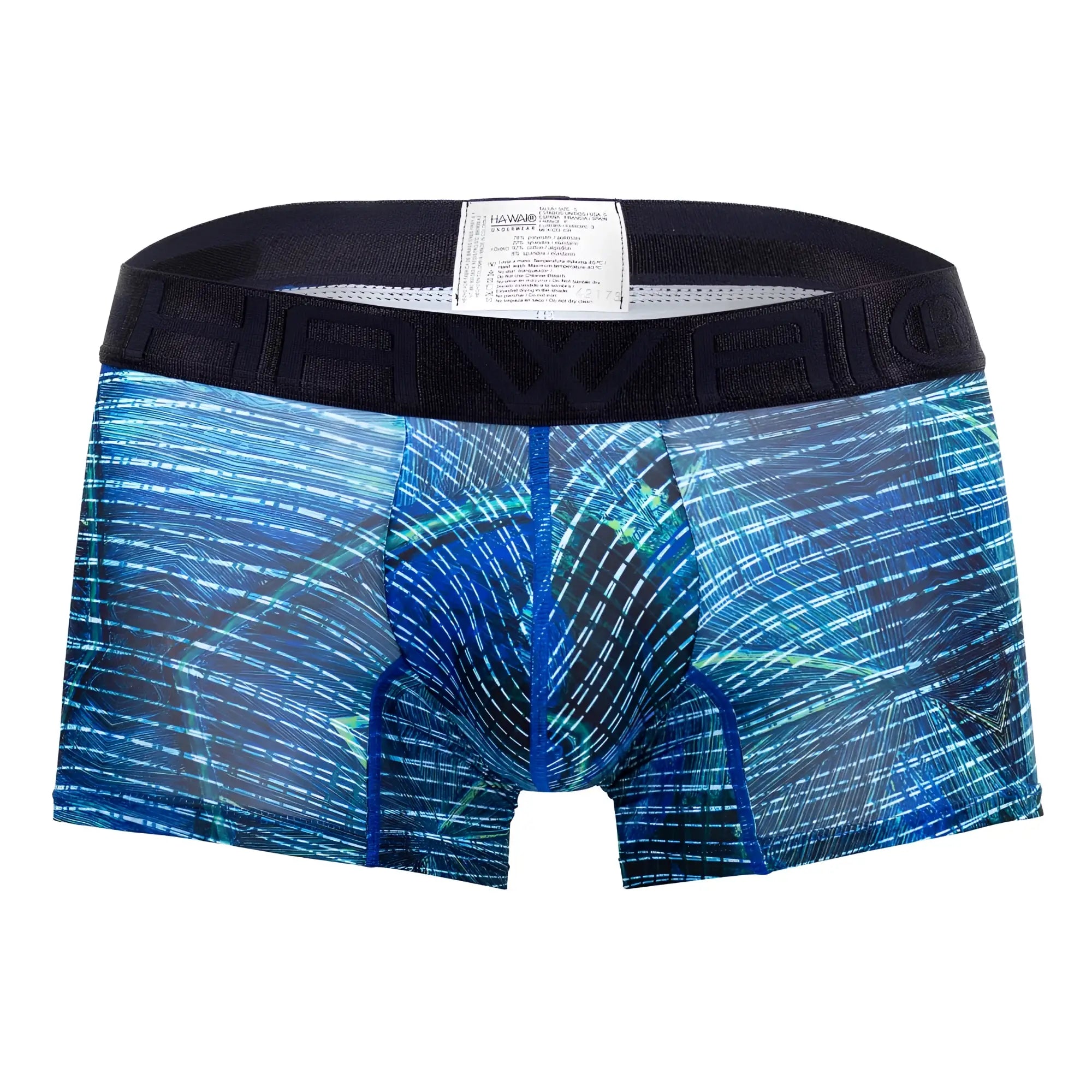 Havio hawai 42173 printed microfiber trunks in royal blue with blue teal abstract pattern and black branded waistband