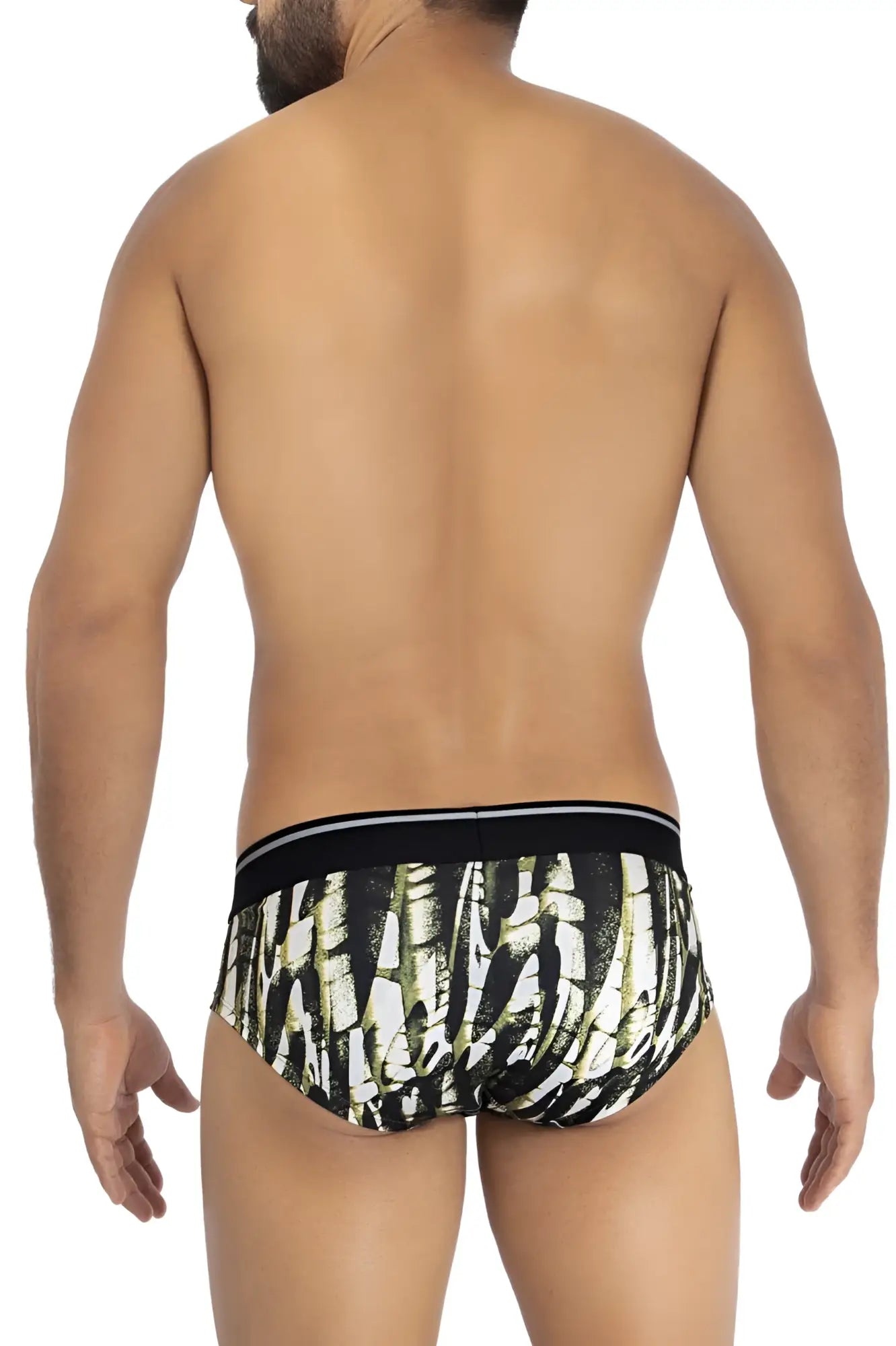 Black and olive green printed microfiber hip briefs with white stripe trim in military green color hawai 42192