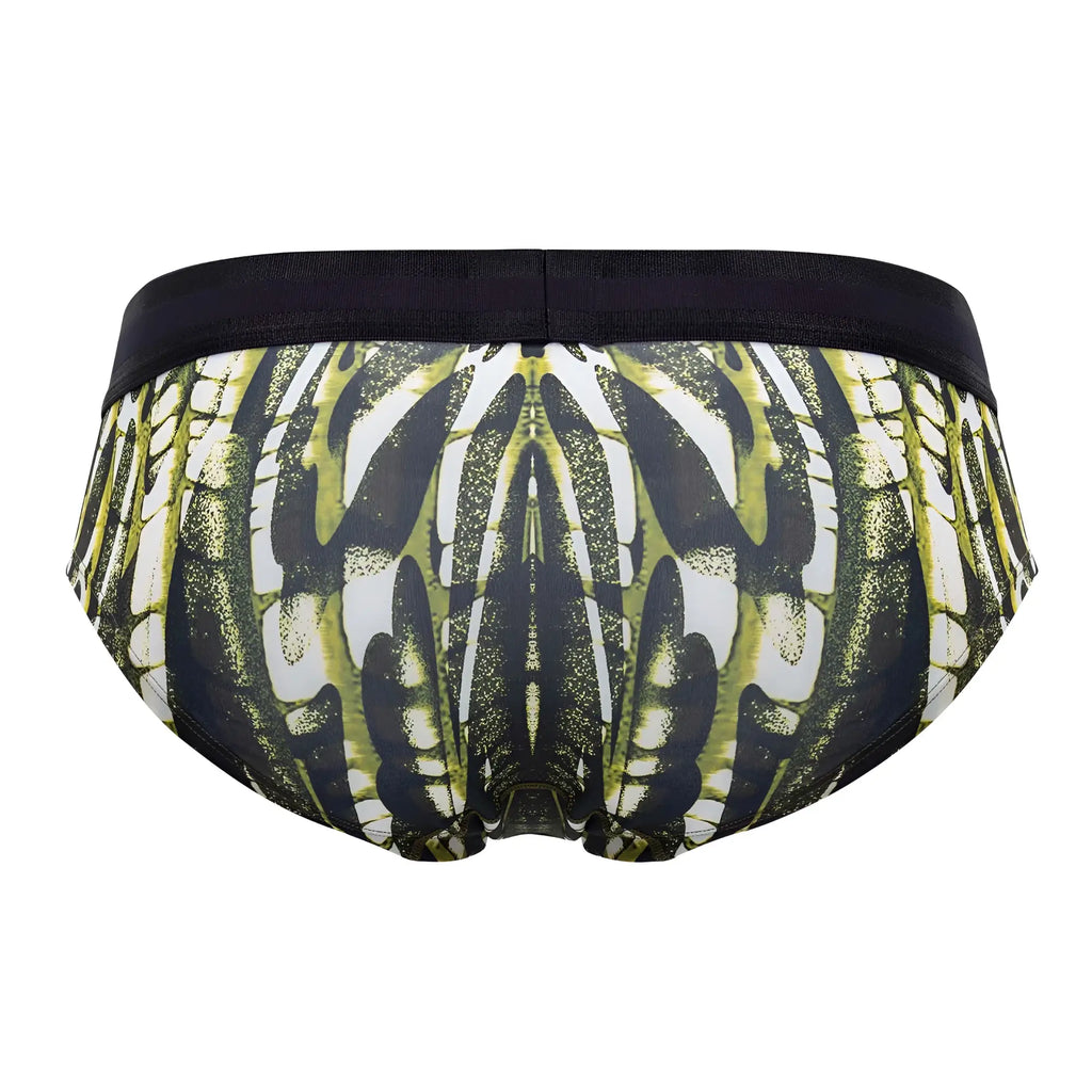 Black and olive green patterned hawai 42192 printed microfiber men’s hip briefs with a symmetrical abstract design