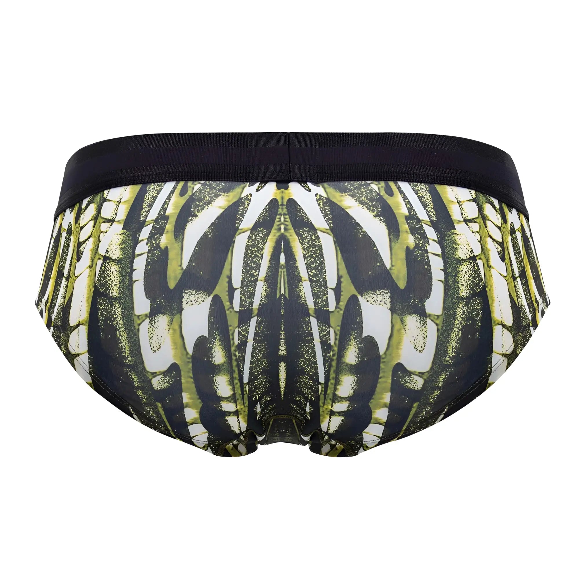 Black and olive green patterned hawai 42192 printed microfiber men’s hip briefs with a symmetrical abstract design